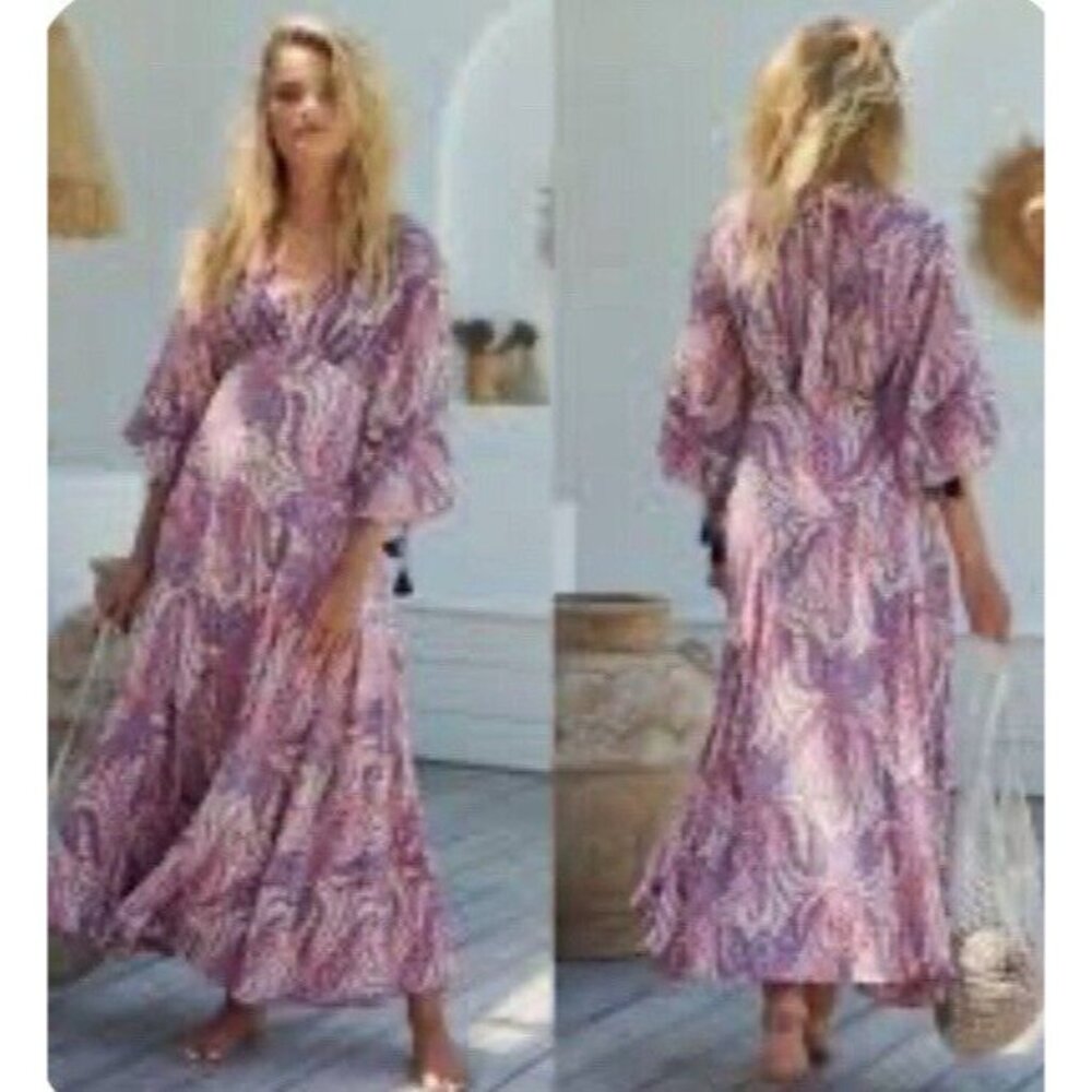 Free People Mirage Maxi Dress Size 2 Paisley Tea Combo Long Sleeve Boho Hippie‎